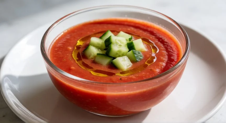 como hacer 1 litro de gazpacho, Bol de cristal con gazpacho rojo y guarnición de pepino