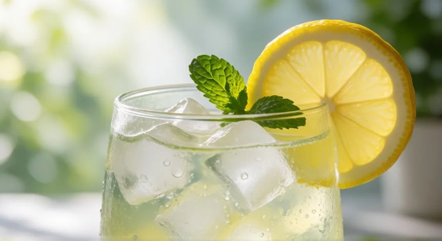 como hacer 1 litro de limonada, Vaso de limonada con hielo y rodaja de limón