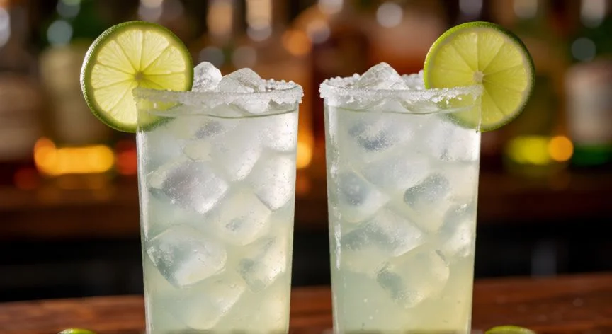 como hacer 1 litro de margarita, Dos vasos de margarita con borde salado y decoración de lima sobre hielo