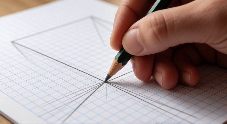 Mano dibujando líneas de perspectiva con un solo punto de fuga en papel cuadriculado