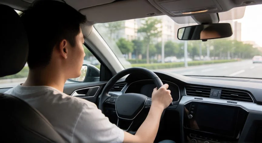 Conductor joven practicando conducción urbana en un coche moderno