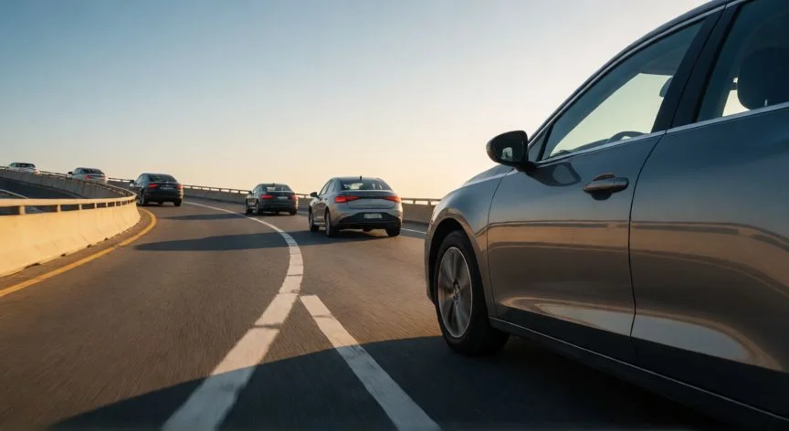 como hacer 10 horas de conduccion, Coche incorporándose a una autopista al atardecer