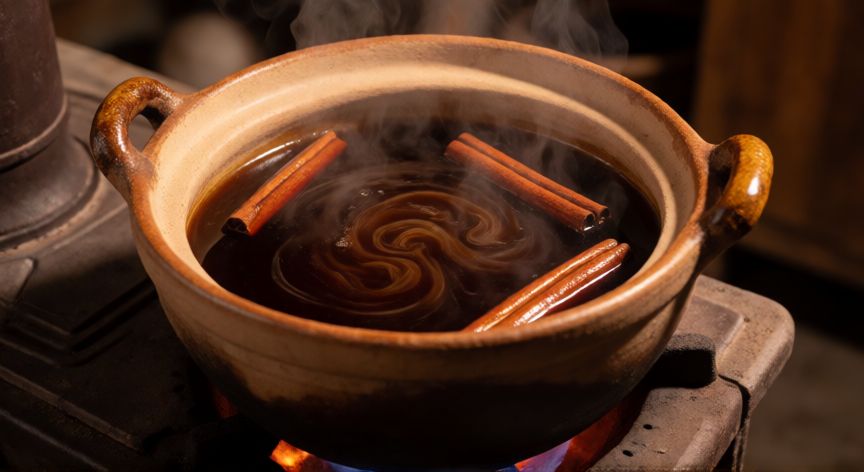 como hacer 10 litros de cafe de olla, Olla de barro tradicional hirviendo café con canela y piloncillo