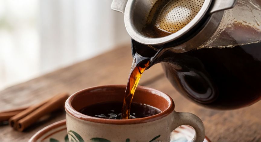 como hacer 10 litros de cafe de olla, Serviendo café de olla recién colado en una taza tradicional