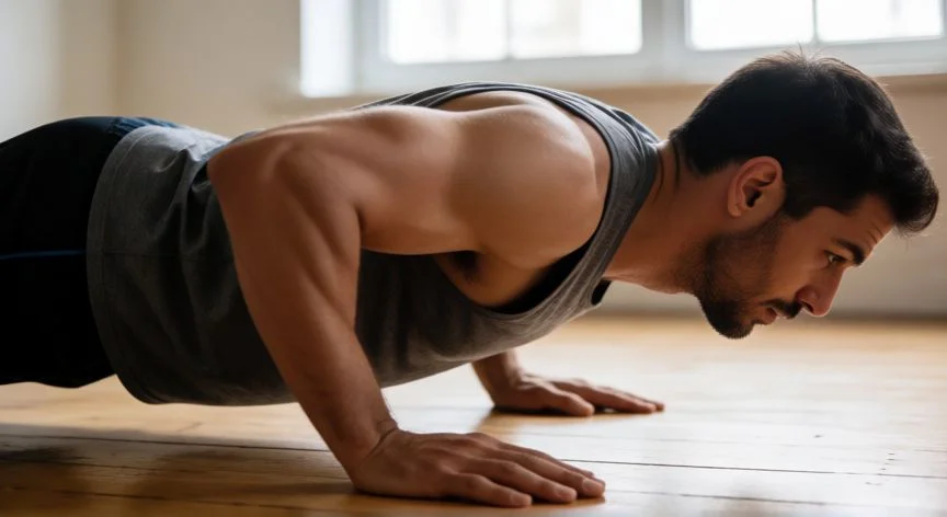 Hombre realizando flexiones con la técnica correcta y cuerpo alineado