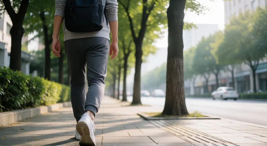 Persona caminando por una acera arbolada en la mañana