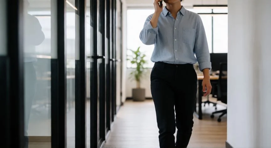 como hacer 10000 pasos al dia, Persona caminando por un pasillo de oficina mientras habla por teléfono
