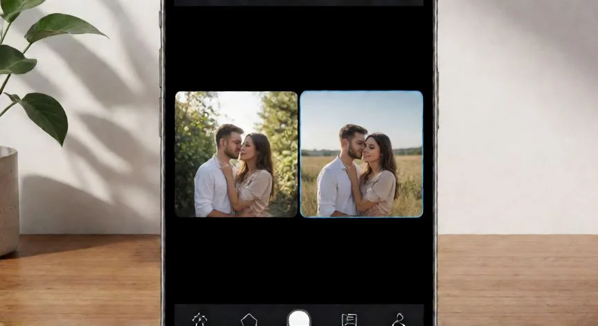 como hacer 2 fotos en una sola, Pantalla de móvil mostrando la edición para unir dos fotos en una sola