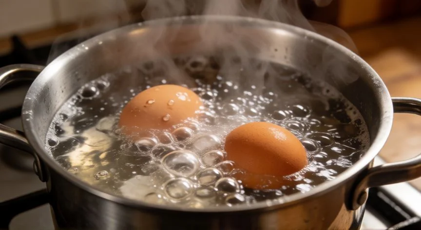 Olla con dos huevos duros cociéndose en agua hirviendo