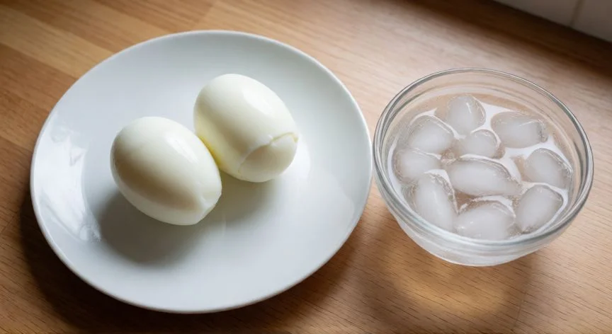 como hacer 2 huevos duros, Huevos duros pelados sobre un plato con cuenco de agua helada