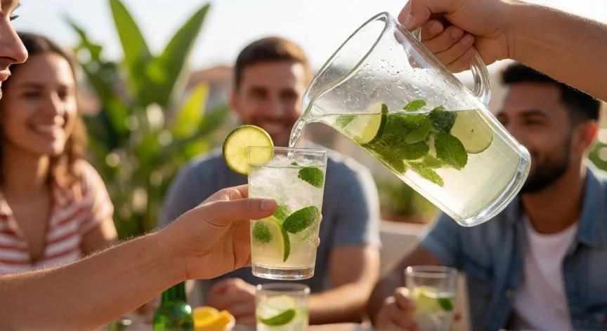 como hacer 2 litros de mojito, Amigos sirviendo mojitos en una fiesta de verano al aire libre