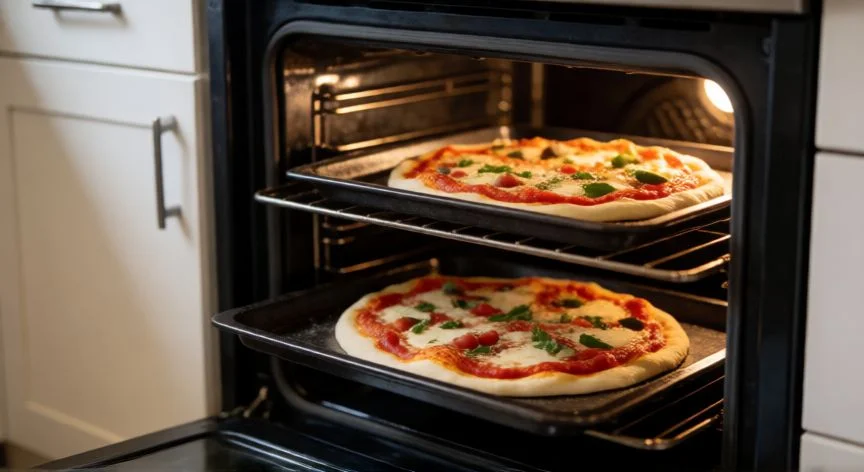 Dos pizzas sin cocer en las rejillas de un horno doméstico
