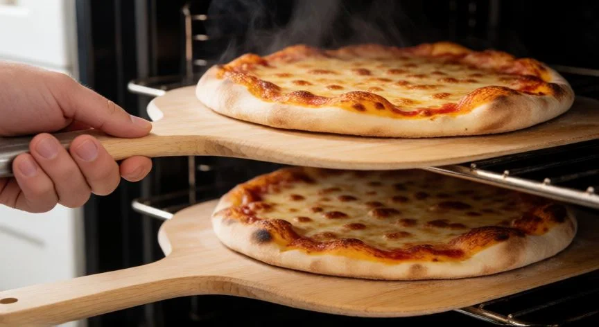 como hacer 2 pizzas a la vez en el horno, Manos rotando dos pizzas medio cocidas dentro del horno
