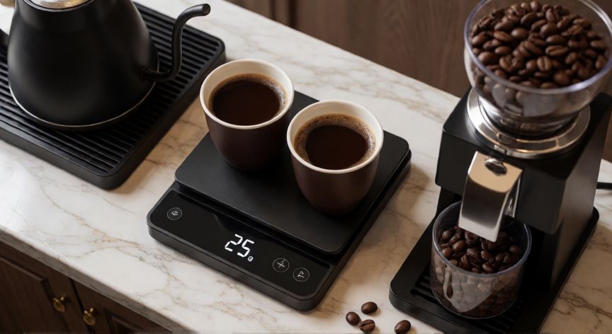 como hacer 2 tazas de cafe, Estación de preparación de café con balanza digital y molinillo para dos tazas