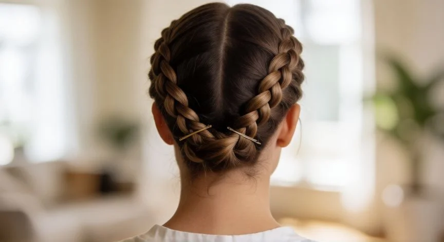 como hacer 2 trenzas de raiz, Vista trasera de dos trenzas de raíz terminadas y aseguradas