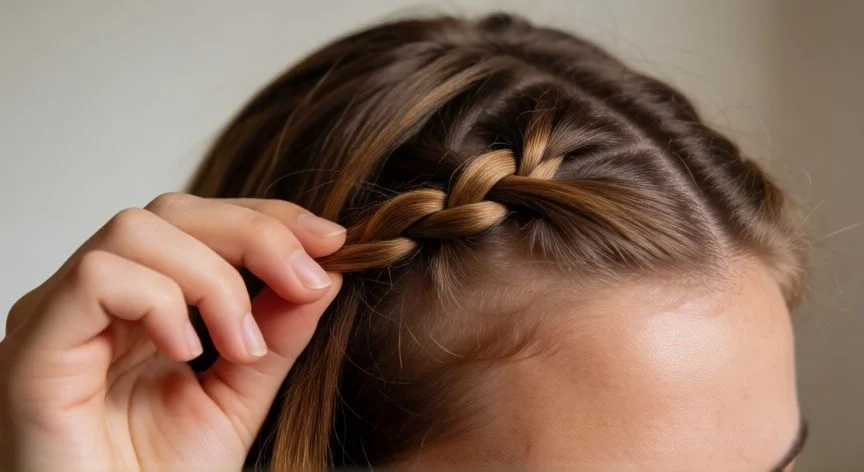 Detalle de las manos trenzando el cabello desde la raíz