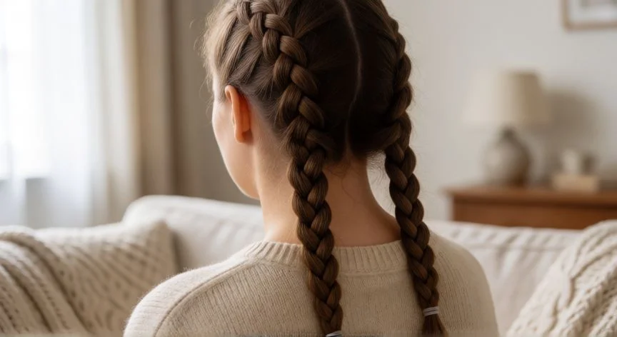 como hacer 2 trenzas de raiz facil, Mujer con dos trenzas francesas terminadas vistas desde atrás