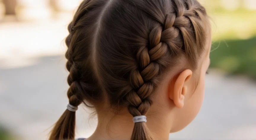 como hacer 2 trenzas para niñas, Dos trenzas francesas perfectas y simétricas en el cabello de una niña