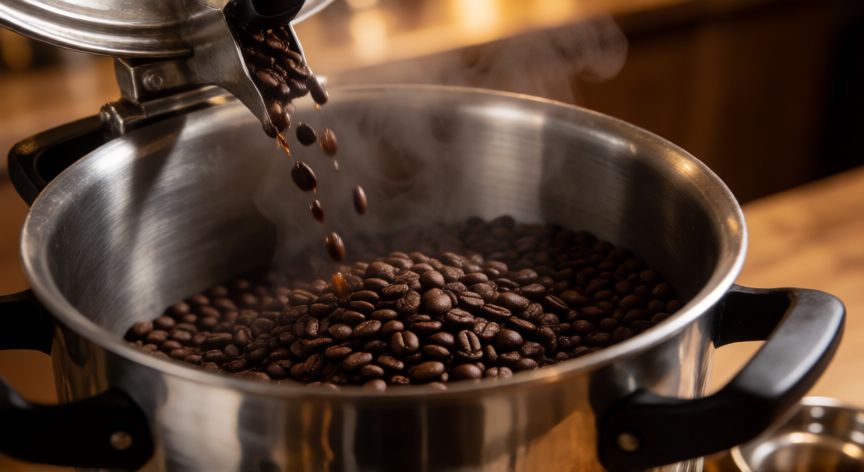 como hacer 20 litros de cafe, Olla industrial de acero inoxidable llenándose con granos de café recién tostado
