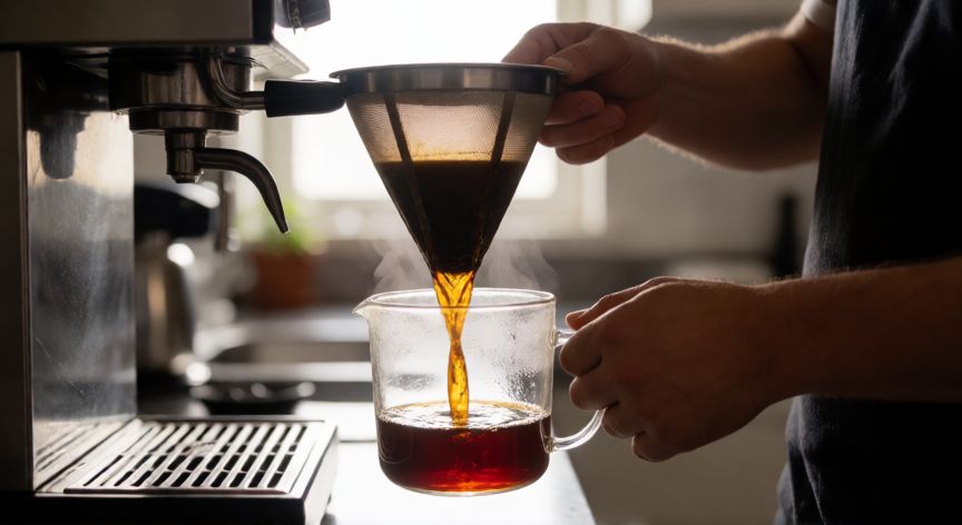 como hacer 20 litros de cafe, Filtrado de café oscuro usando un filtro industrial de malla en una cocina profesional
