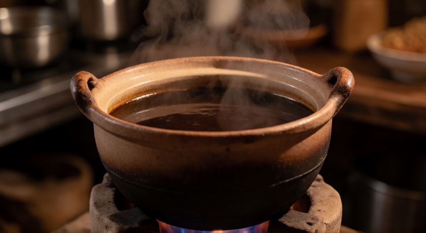 como hacer 20 litros de cafe de olla, Olla de barro grande con café humeante sobre un fogón tradicional