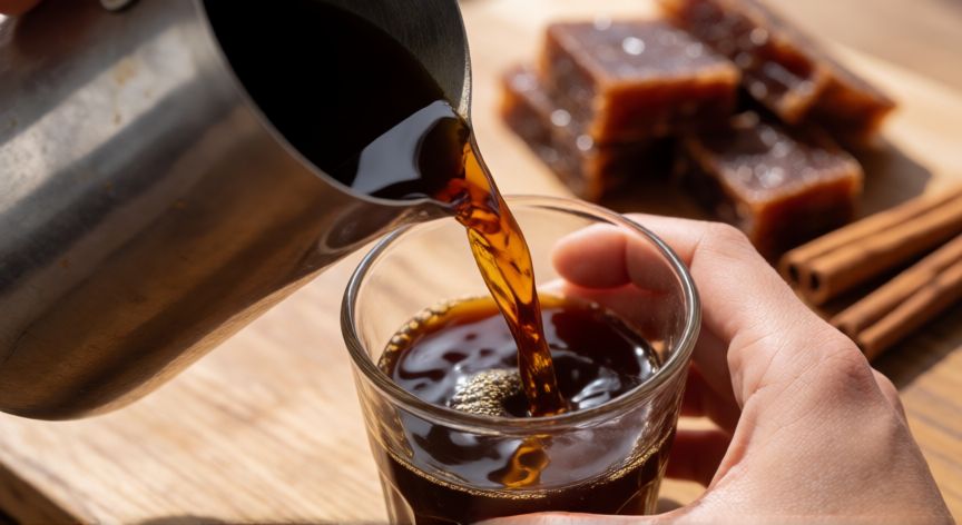 como hacer 20 litros de cafe de olla, Servir café de olla con piloncillo y canela en una mesa rústica