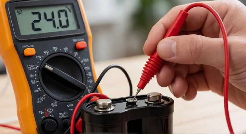 como hacer 24v con dos baterias de 12v, Medición de voltaje con multímetro en sistema de baterías a 24V