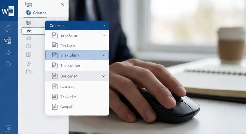 como hacer 3 columnas en word, Mano seleccionando la opción de columnas en el menú de diseño de página de Word