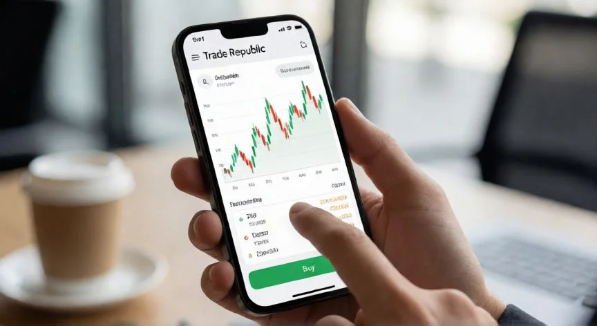 Persona comprando acciones en la app de Trade Republic desde el móvil