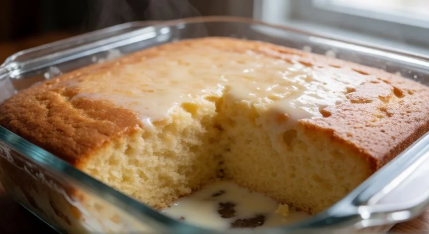 Rebanada de leche tres leches recién empapada en molde de vidrio