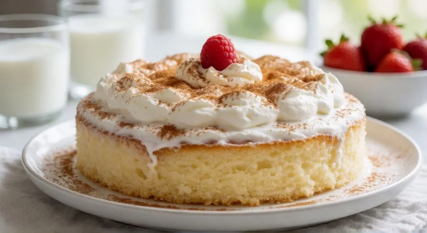como hacer 3 leches, Postre de leche tres leches decorado con crema batida y canela