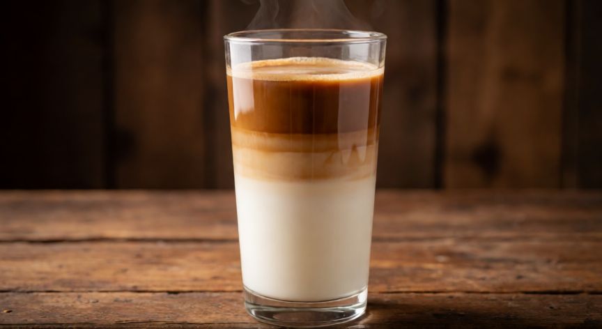 como hacer 3 leches de cafe, Vaso de tres leches de café con capas visibles y vapor
