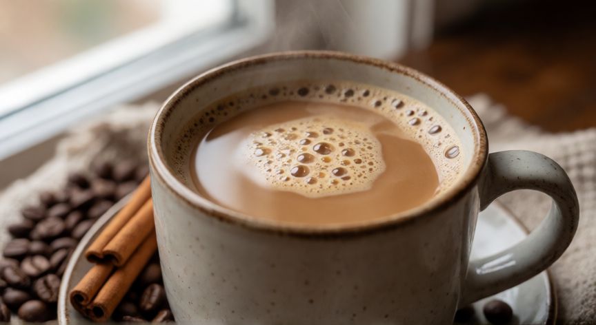 como hacer 3 leches de cafe, Taza de tres leches con canela y granos de café alrededor