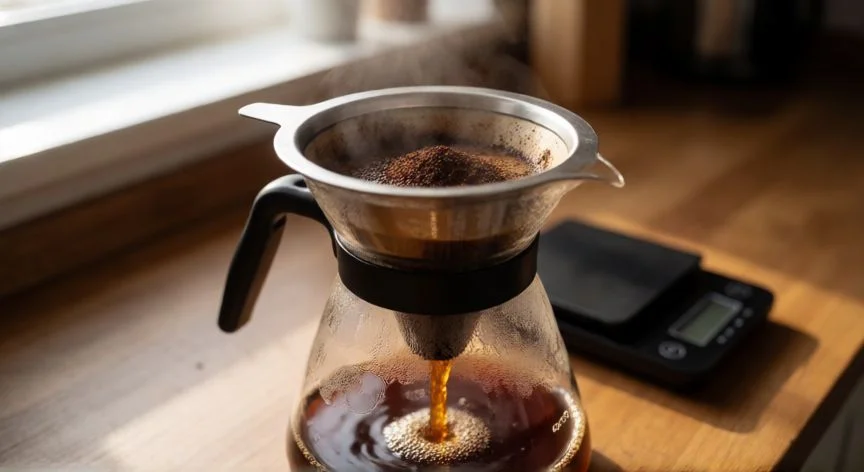 Proceso de filtrado de café para preparar tres litros en jarra de vidrio