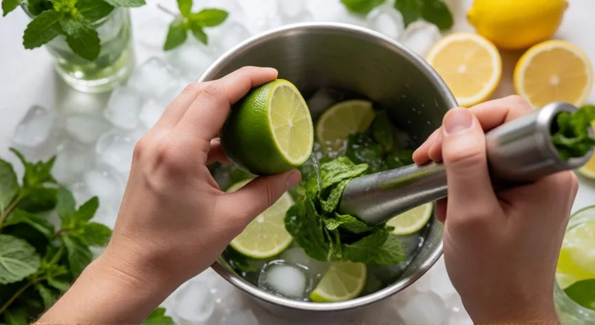 como hacer 3 litros de mojito, Proceso de preparación de mojitos en gran cantidad con limón y menta