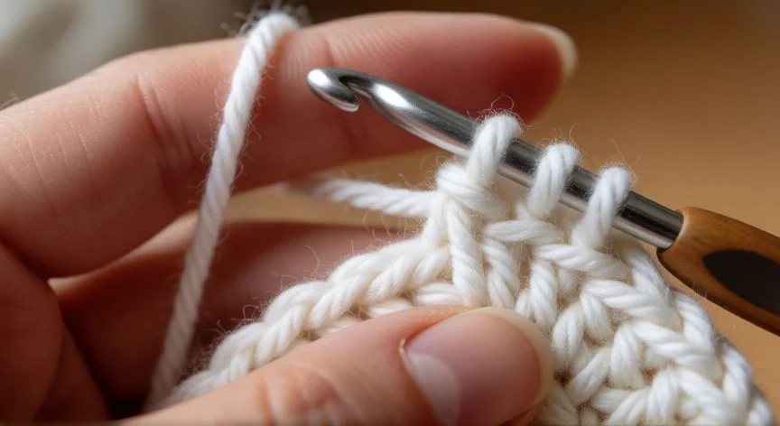 Manos realizando el paso intermedio de los tres puntos altos en crochet con hilo blanco