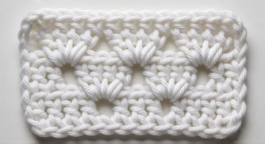 como hacer 3 puntos altos juntos en crochet, Muestra de crochet con racimos dc3tog en forma de pétalos sobre fondo de lino