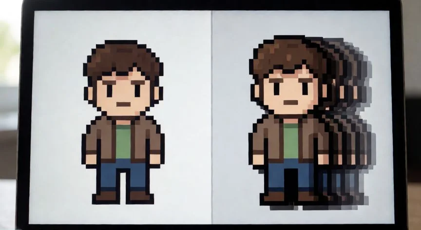 como hacer 3d en scratch, Comparación visual entre un sprite plano y una escena con efectos de profundidad 3D en Scratch