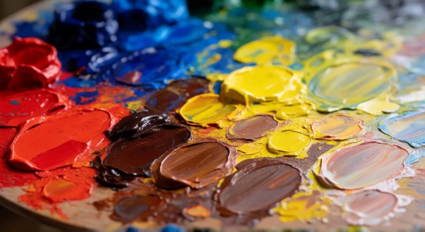 Paleta de pintor con mezclas de colores primarios formando tonos marrones