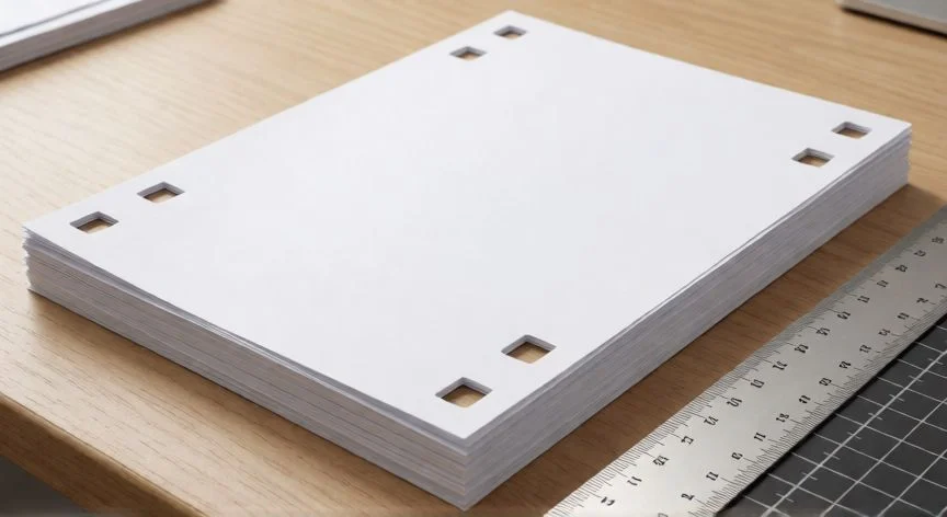como hacer 4 agujeros en un folio, Pila de folios con perforación cuadrada de cuatro agujeros completada