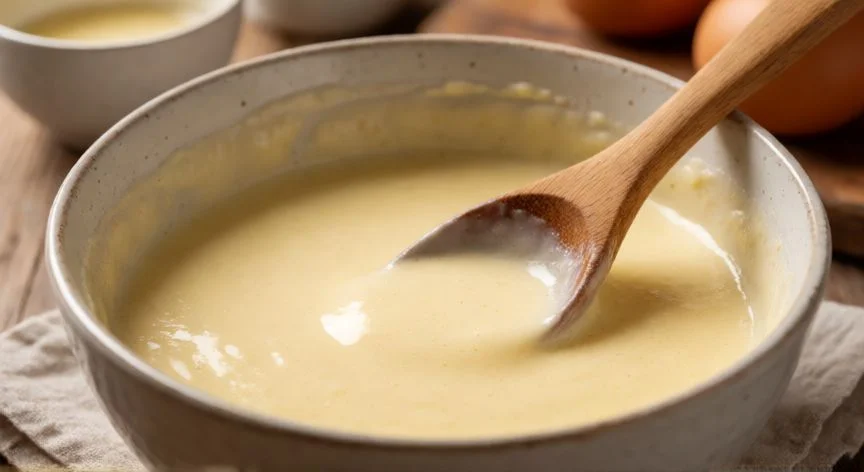 como hacer 4 crepes, Masa de crepes lista para cocinar en un bol con cuchara de madera