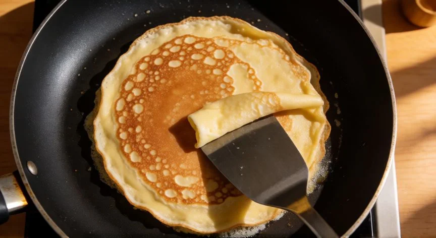 como hacer 4 crepes, Haciendo la vuelta de una crepe dorada en sartén antiadherente