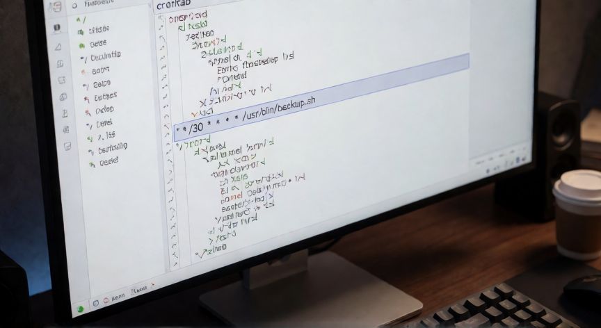 cómo hacer 4 de noviembre cada media hora, Pantalla de terminal mostrando la configuración de crontab con la sintaxis para ejecutar tareas cada 30 minutos