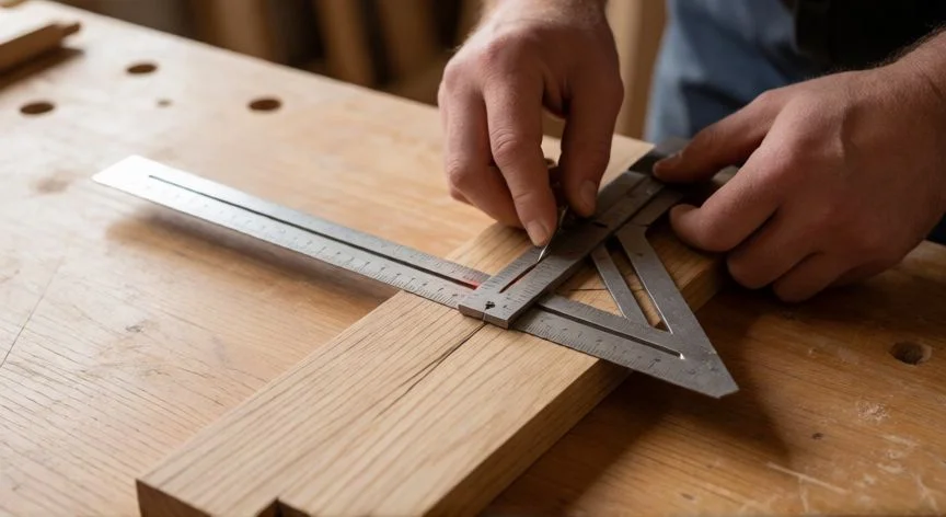 Uso de una escuadra miter para trazar 45 grados en madera