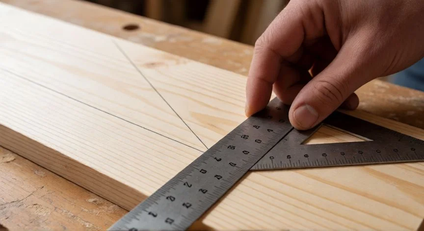Manos de carpintero usando escuadra y regla para trazar ángulo de 45 grados en madera