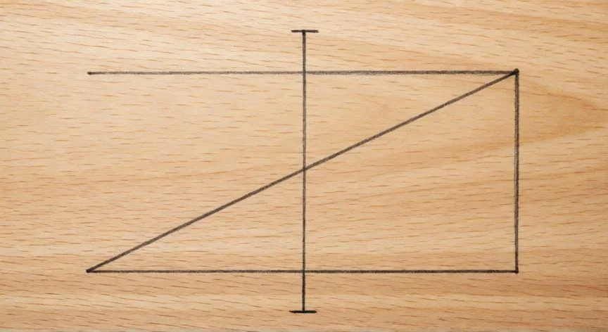 como hacer 45 grados con escuadras, Diagrama geométrico en madera mostrando la construcción de un triángulo para medir 45 grados