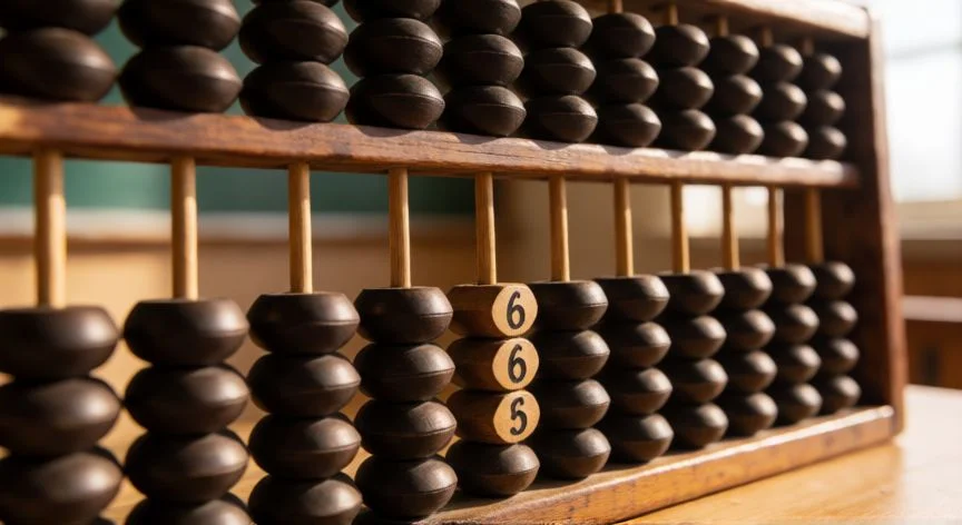 Ábaco de madera mostrando el resultado de la multiplicación 4 por 4