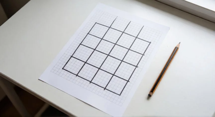 como hacer 4x4, Papel cuadriculado con una cuadrícula de 4 por 4 dibujada a mano
