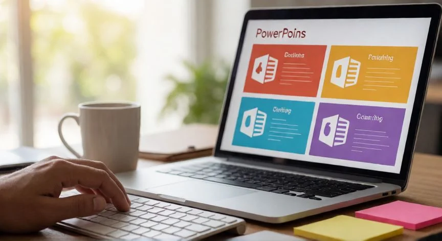 como hacer 5 diapositivas en powerpoint, Persona creando una presentación de 5 diapositivas en PowerPoint en un portátil