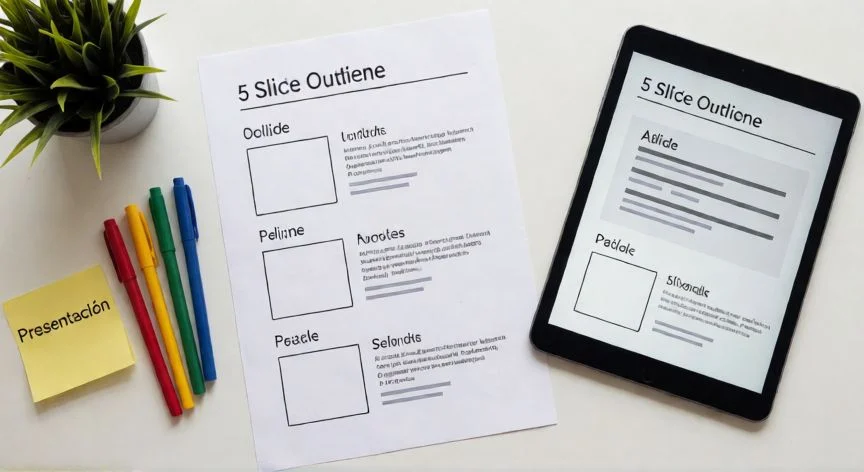 como hacer 5 diapositivas en powerpoint, Mesa de trabajo con esquema impreso de 5 diapositivas y tablet mostrando la presentación